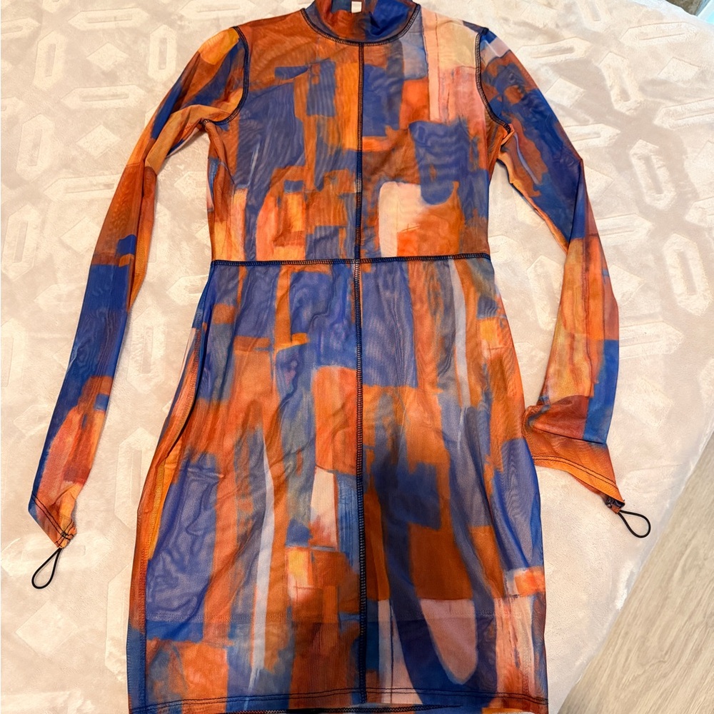 Fashion Nova Vibrant Orange and Blue Long Sleeve Dress